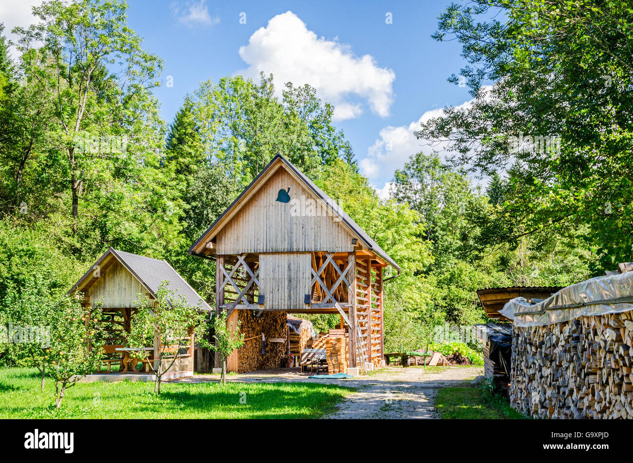 Typische alte Scheune (doppelte Heuraufen) in Slowenien Stockfoto