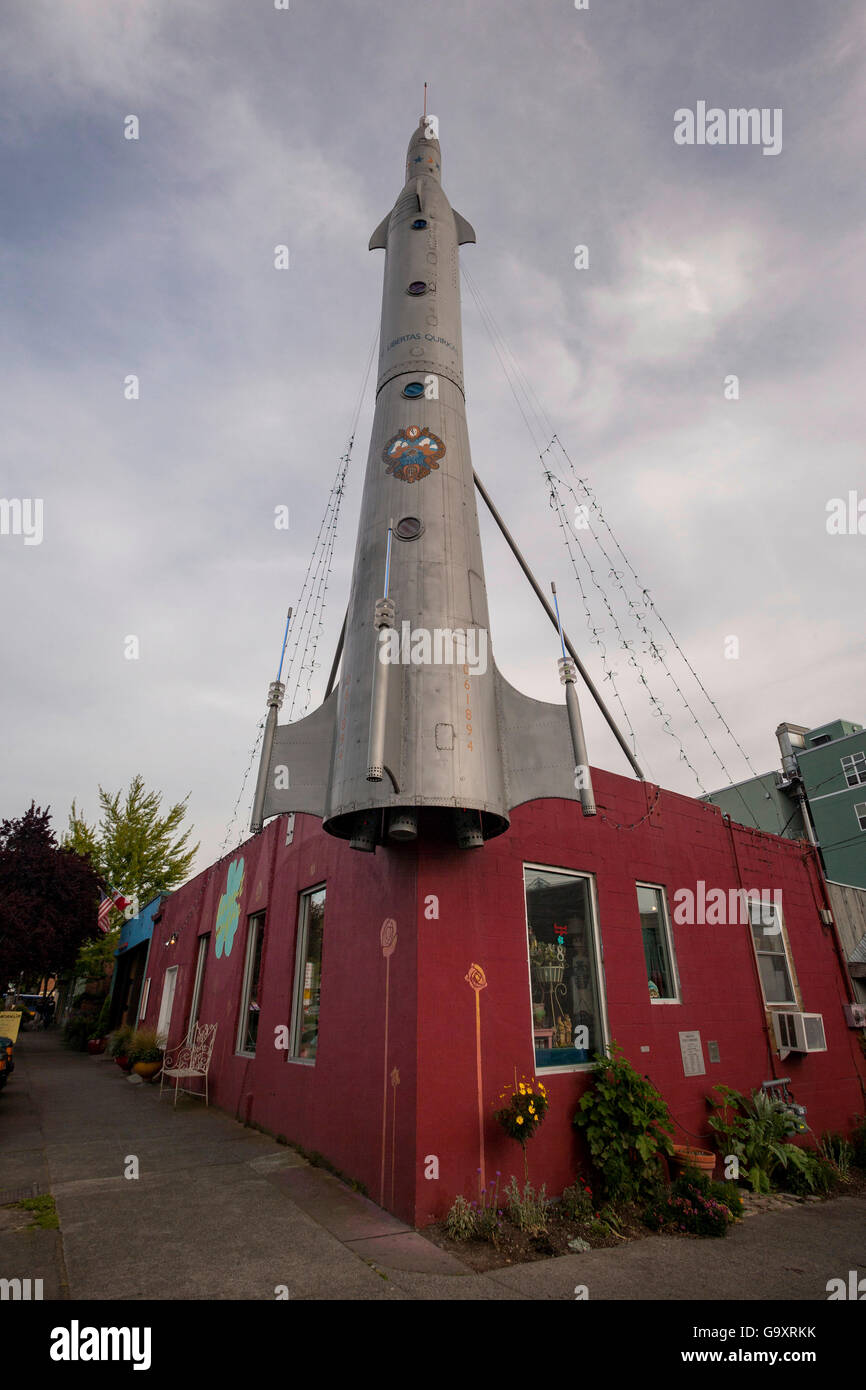 Die Fremont-Rakete, die Markierung der Mitte des schrulligen Stadtteil Fremont in Seattle, Washington. Stockfoto