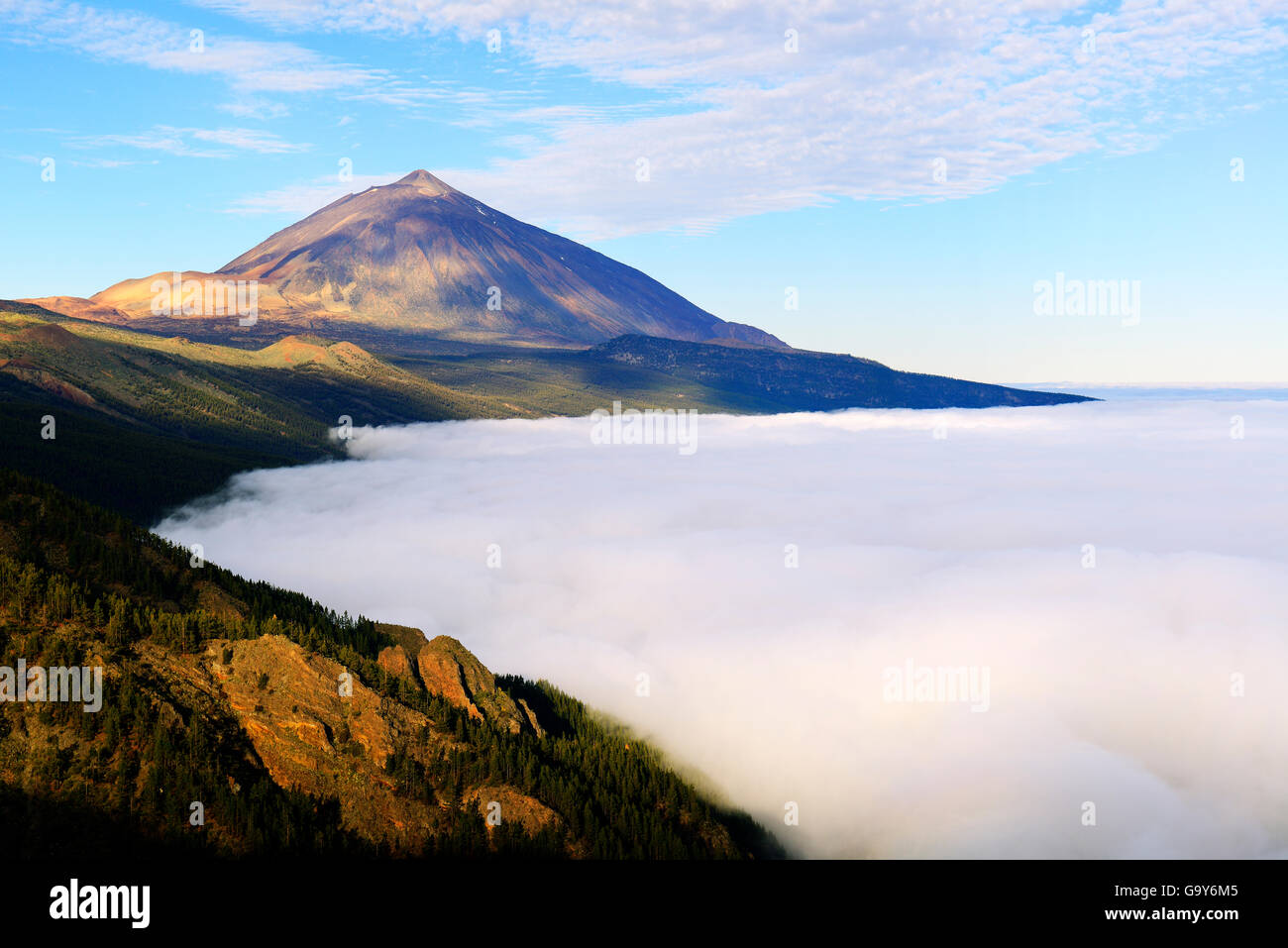 Pico del Teide bei Sonnenaufgang über Passatwolken, Nationalpark Teide, Teneriffa, Kanarische Inseln, Spanien Stockfoto