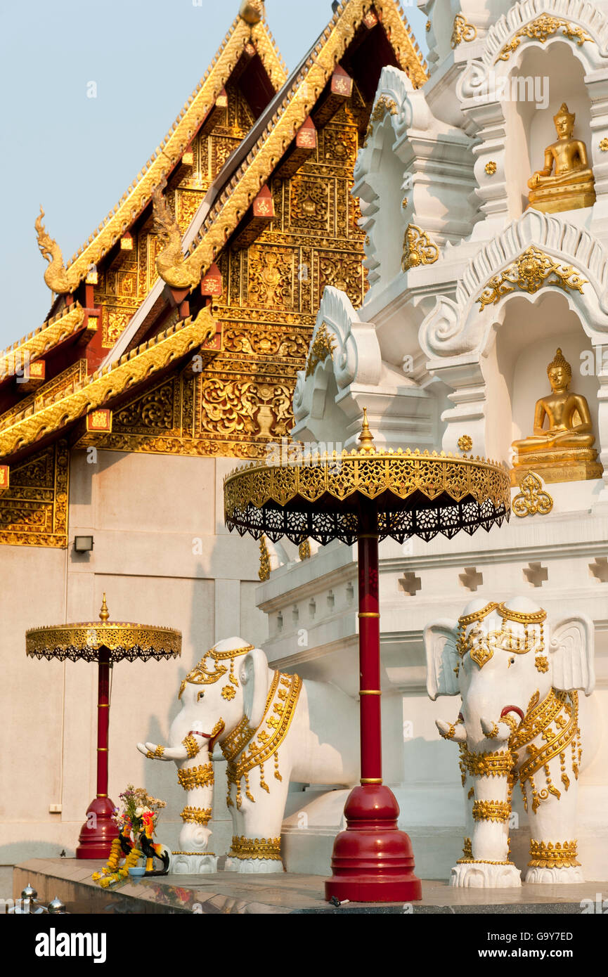 Elefanten und Buddha-Statuen im Chedi oder Stupa Tempel Wat Klang Wiang, Provinz Chiang Rai, Provinz Chiang Rai Stockfoto