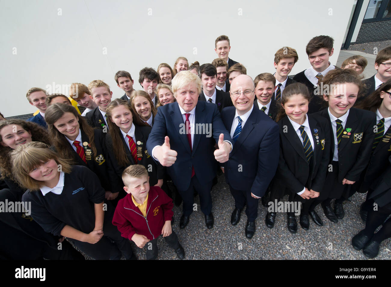 Premierminister Boris Johnson während eines Besuchs der Chumleigh-Schule in Devon, als er Staatssekretär war. Stockfoto