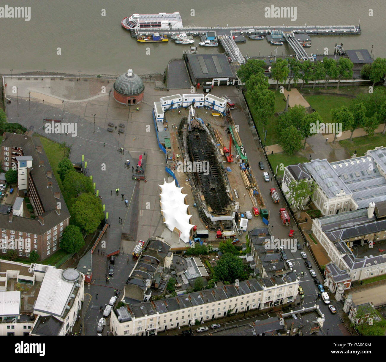 Luftaufnahme der Überreste der Cutty Sark in Greenwich, East London. Stockfoto