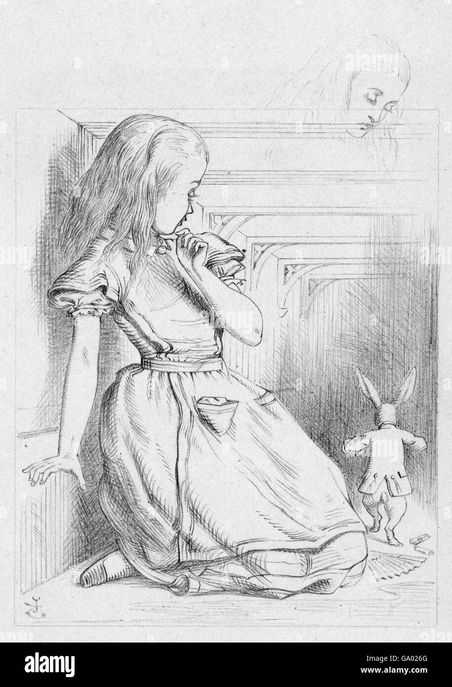 Alice im Wunderland. 'The Rabbit Scurried', eine Illustration von Sir John Tenniel für Lewis Carrolls 'Alice im Wunderland' mit Alice und dem Weißen Kaninchen. Bleistiftzeichnung auf Papier, c,1866. Stockfoto