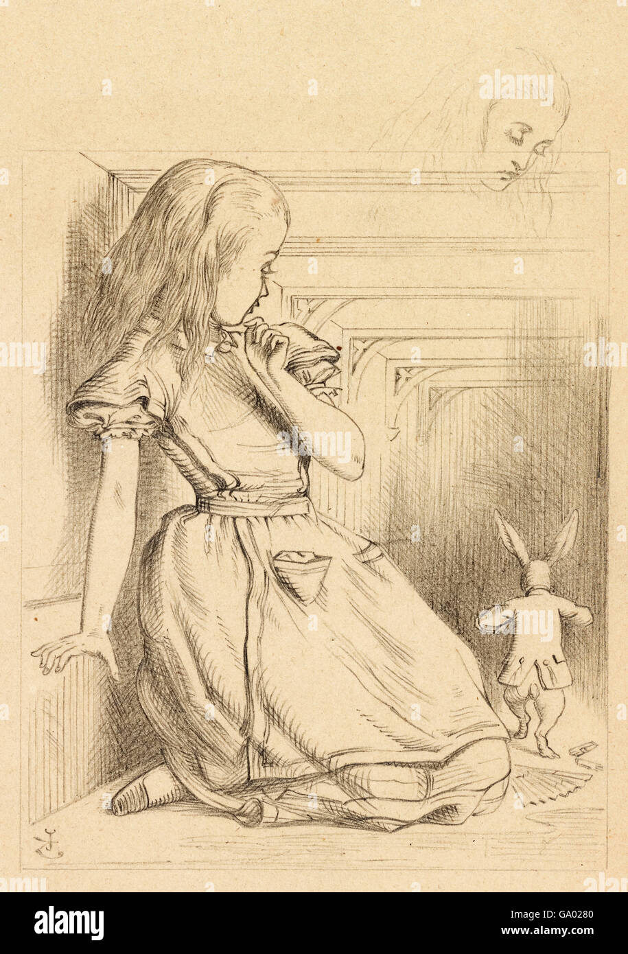Alice im Wunderland. 'The Rabbit Scurried', eine Illustration von Sir John Tenniel für Lewis Carrolls 'Alice im Wunderland', die Alice und den Weißen Hasen zeigt. Bleistiftzeichnung auf Papier, c,1866. Stockfoto