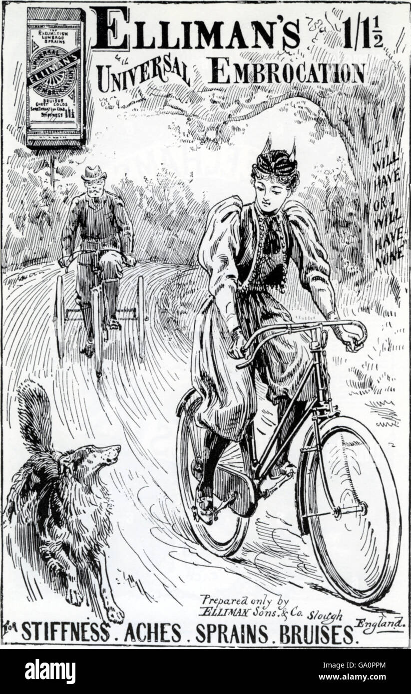ELLIMAN EINREIBUNGEN Anzeige aus The Graphic Magazin im Jahre 1897 war Teil einer Serie, basierend auf einer Frau mit dem Fahrrad - der Mann in der Regel hatte einen Unfall und die Medikation erforderlich Stockfoto