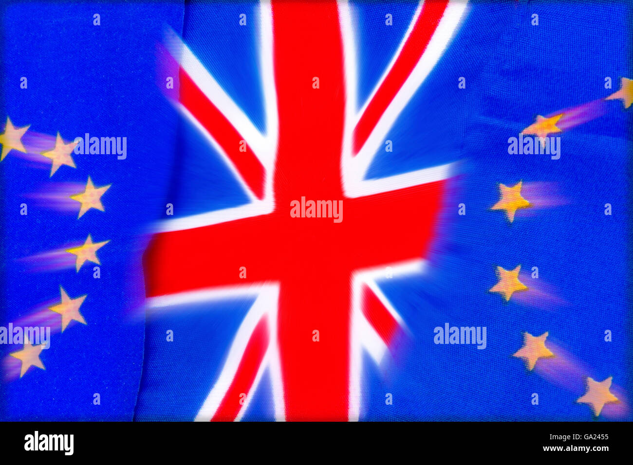 Austritt. Flaggen der Europäischen Union und Vereinigtes Königreich Stockfoto