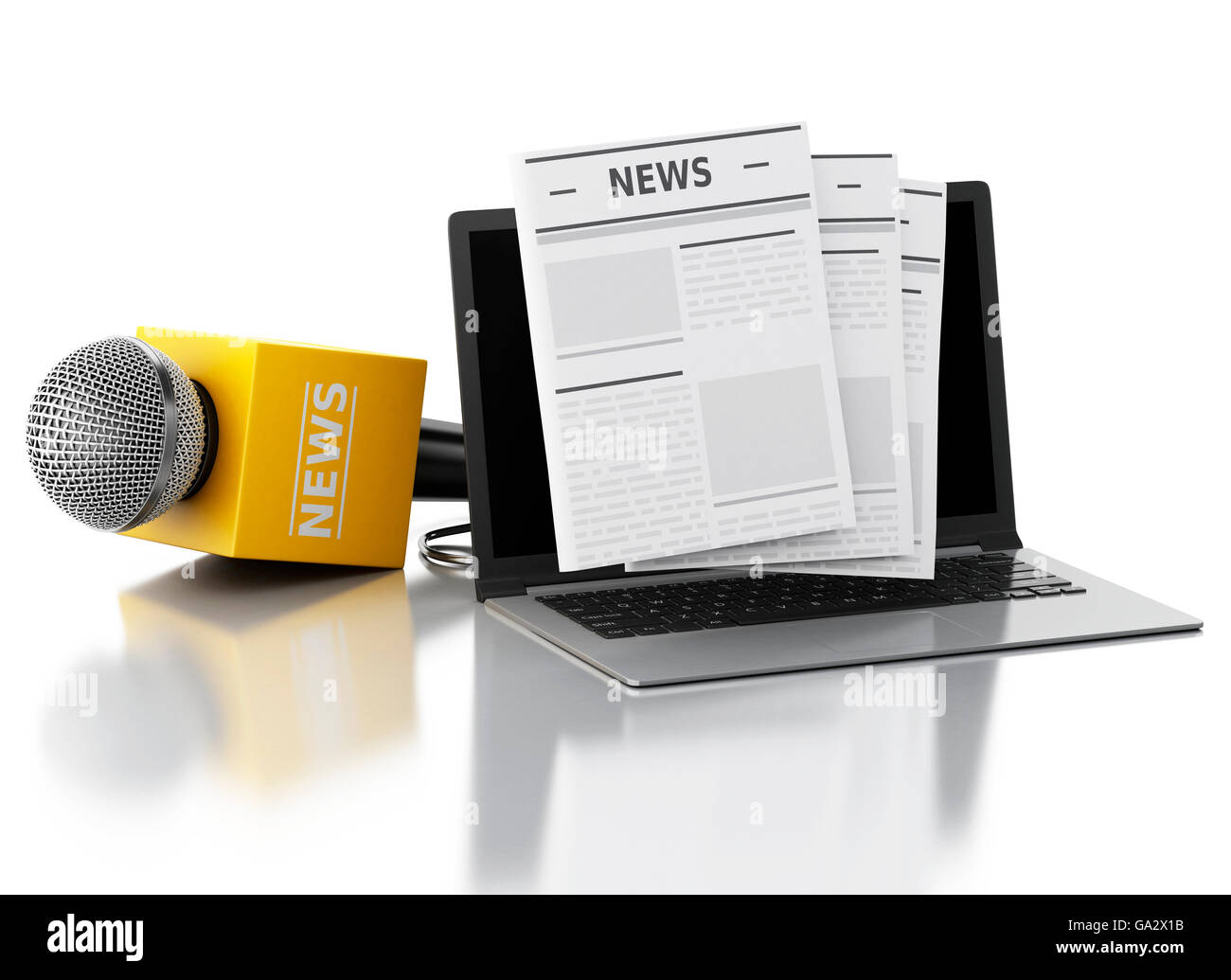 3D Renderer Bild. News-Mikrofon und Laptop mit News-Artikel. Isolierten weißen Hintergrund. Stockfoto