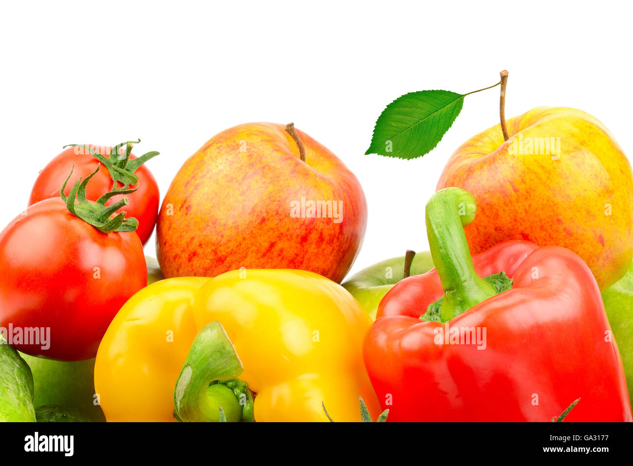 Zusammensetzung von Obst und Gemüse isoliert auf weißem Hintergrund Stockfoto
