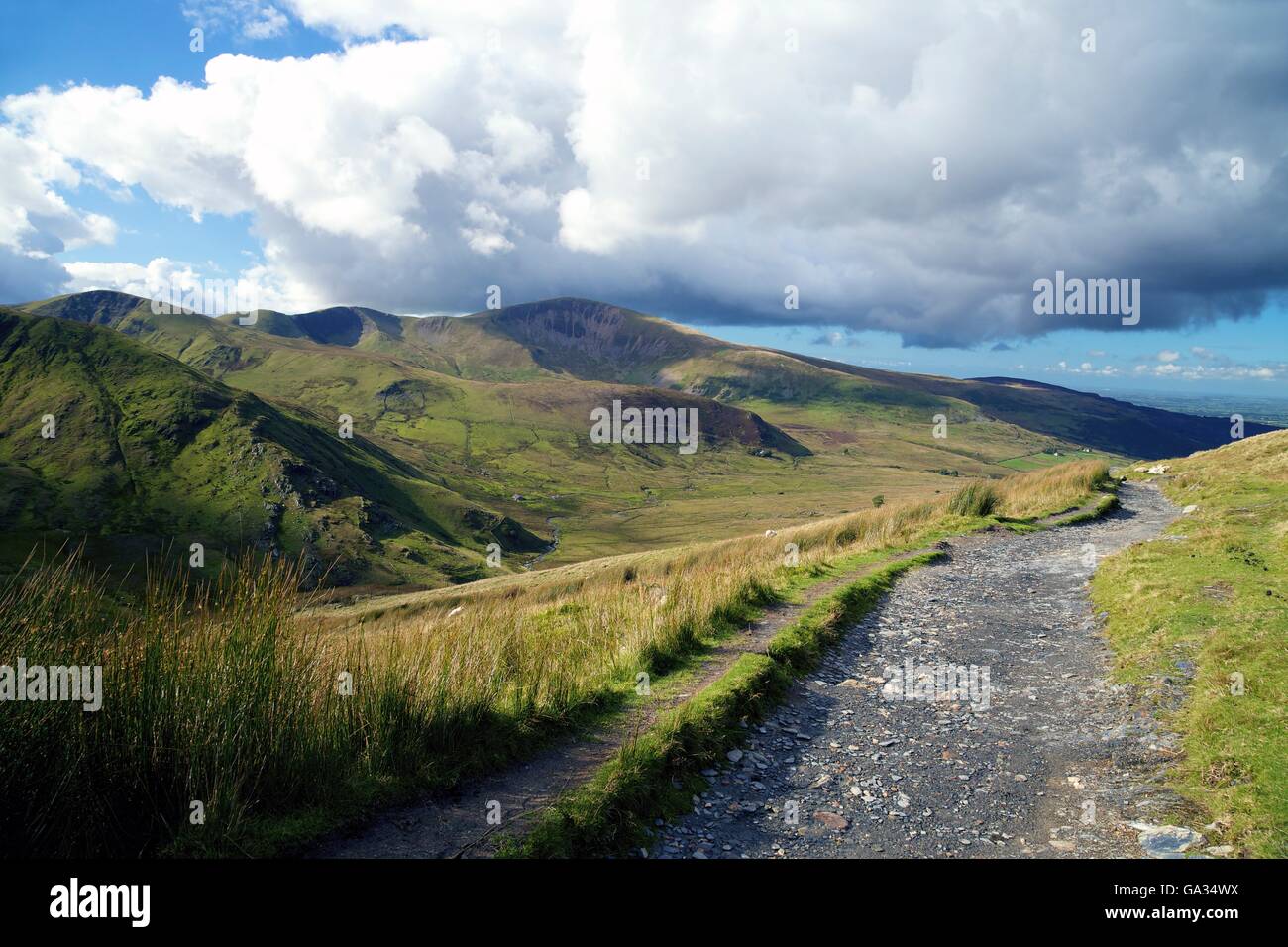 Weg von Llanberis bis zum Gipfel des Snowdon entlang Gleis Snowdonia-Nationalpark, Gwynedd, Wales, UK, GB, Europa Stockfoto