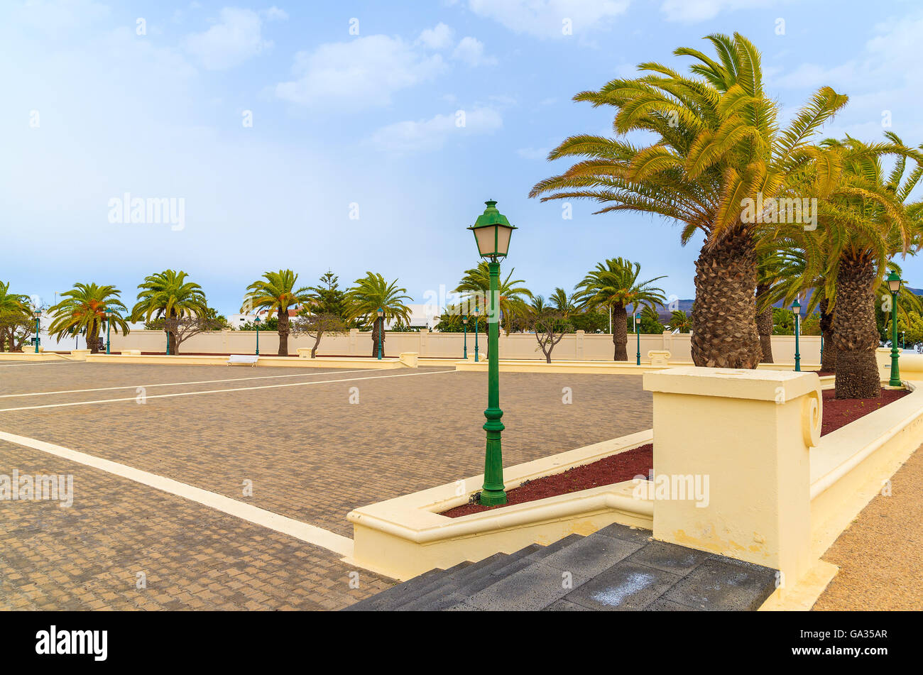 Palmen auf dem Park-Platz im Dorf Yaiza, Lanzarote, Kanarische Inseln, Spanien Stockfoto