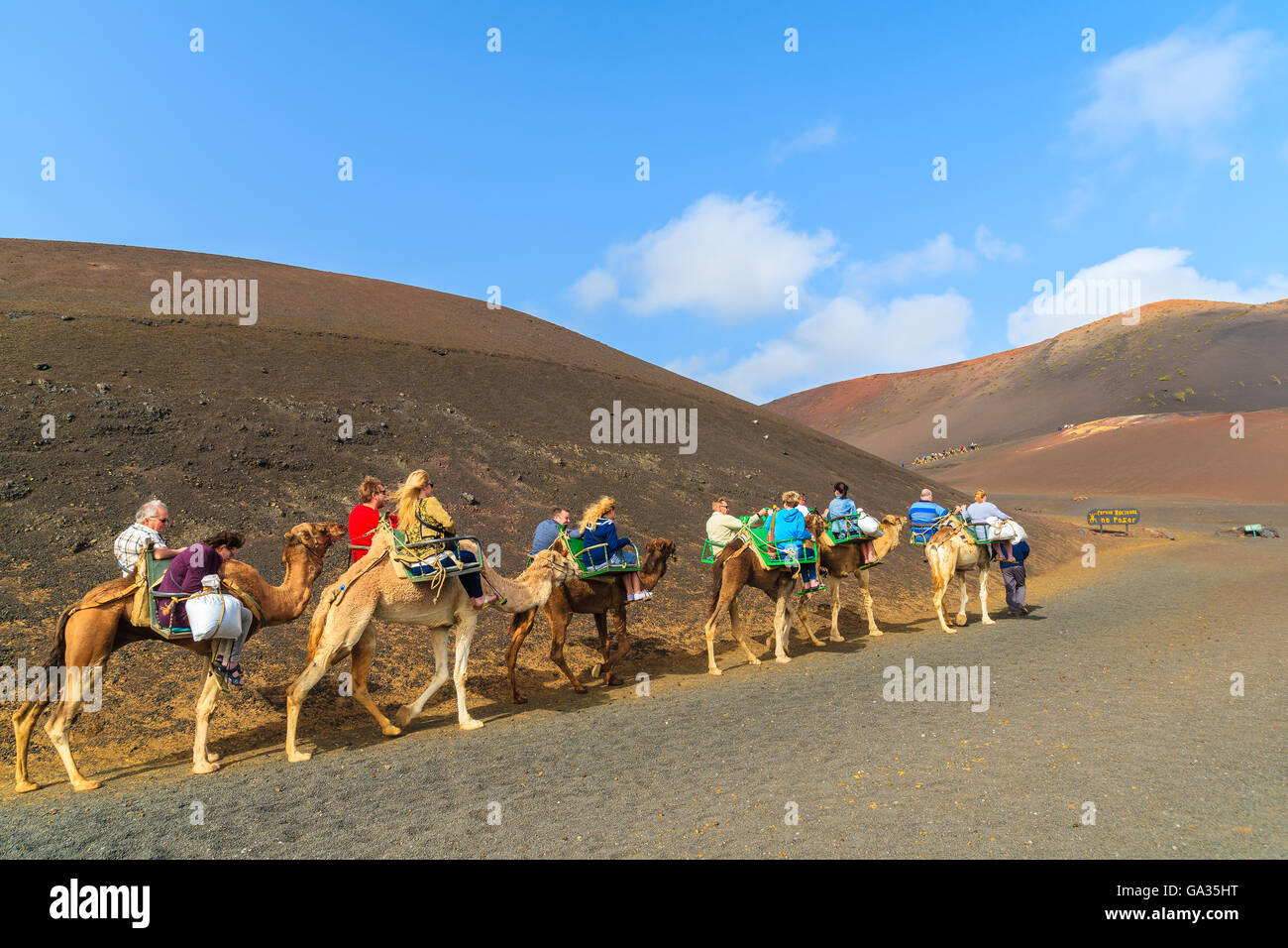 TIMANFAYA-Nationalpark, Insel LANZAROTE - 14. Januar 2015: Karawane der Kamele mit Touristen im Timanfaya Nationalpark. Kamelritt ist eine beliebte Attraktion auf der Insel Lanzarote. Stockfoto