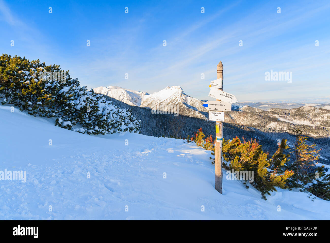 Wandern Wanderweg und Blick auf den Berg Giewont im frühen Morgenlicht nach Sonnenaufgang in der hohen Tatra, Polen anmelden Stockfoto
