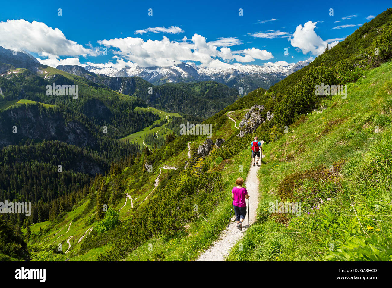 Wanderer auf dem Weg in den Bayerischen Alpen Stockfoto