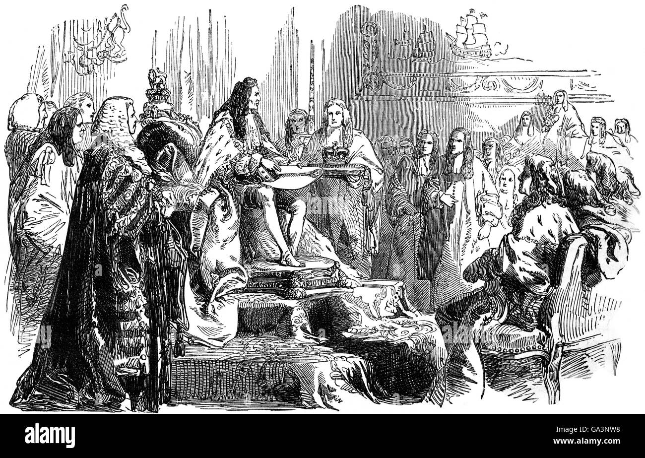 König William III der Duldung Act 1689 im Parlament königliche Einwilligung erteilen. Das Gesetz erlaubt Freiheit der Anbetung Nonkonformisten, die versprach, die Eide der Treuepflicht und und Transsubstantiation, d. h. die Protestanten, die von der Church Of England wie Baptisten und Kongregationalisten widersprachen abgelehnt hatte. Aber nicht an die Katholiken. Stockfoto