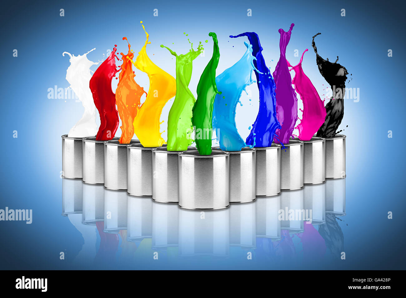 bunte Regenbogen Farbe Dosis Splash Collage auf blauem Hintergrund Stockfoto