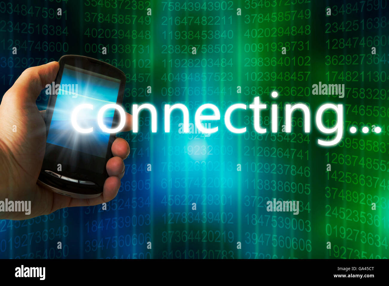 Hand hält ein Handy mit einem Drahtlosnetzwerk verbinden Stockfoto