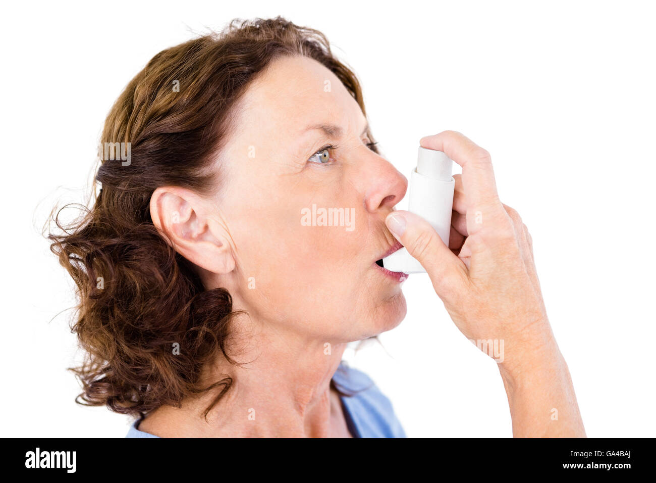 Nahaufnahme von Reife Frau mit Asthma-Inhalator Stockfoto