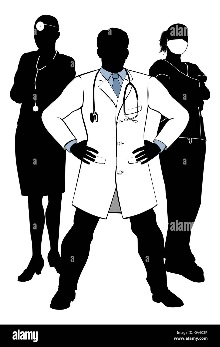 Eine Silhouette-Gruppe von Angehörigen des medizinischen Personals, Ärzte und Krankenschwestern in einem team Stockfoto