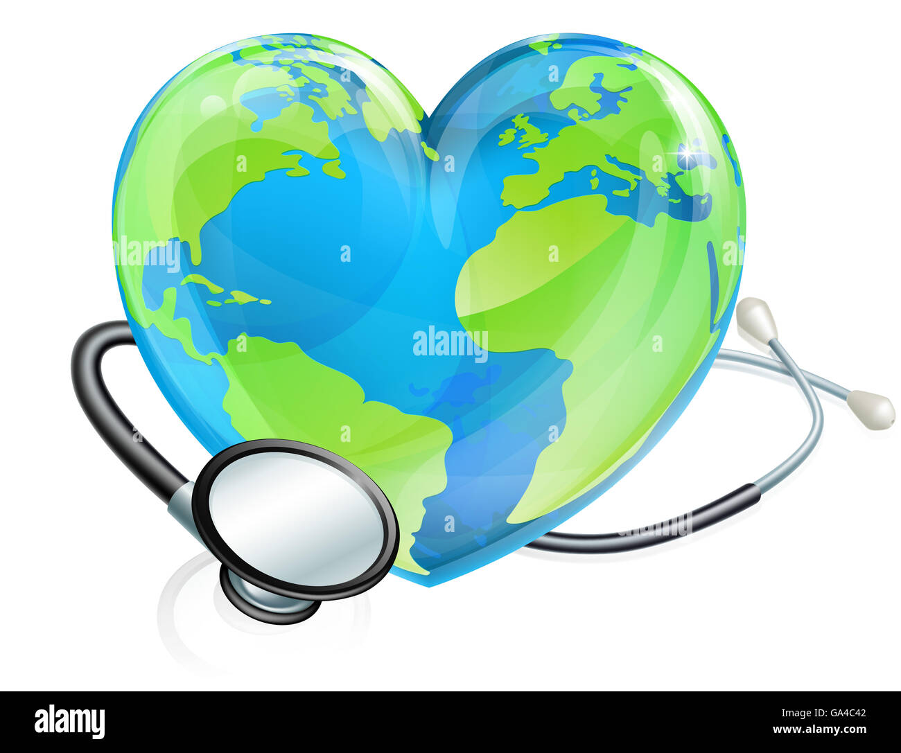 Erdkugel Welt Herz mit einem Stethoskop umwickelt. Weltgesundheitstag wäre Stockfoto