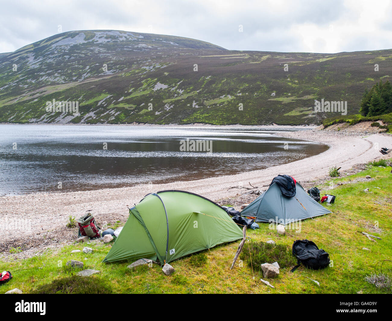 Zwei Zelte auf einem See-Ufer in den Cairngorm Mountains in Schottland Stockfoto