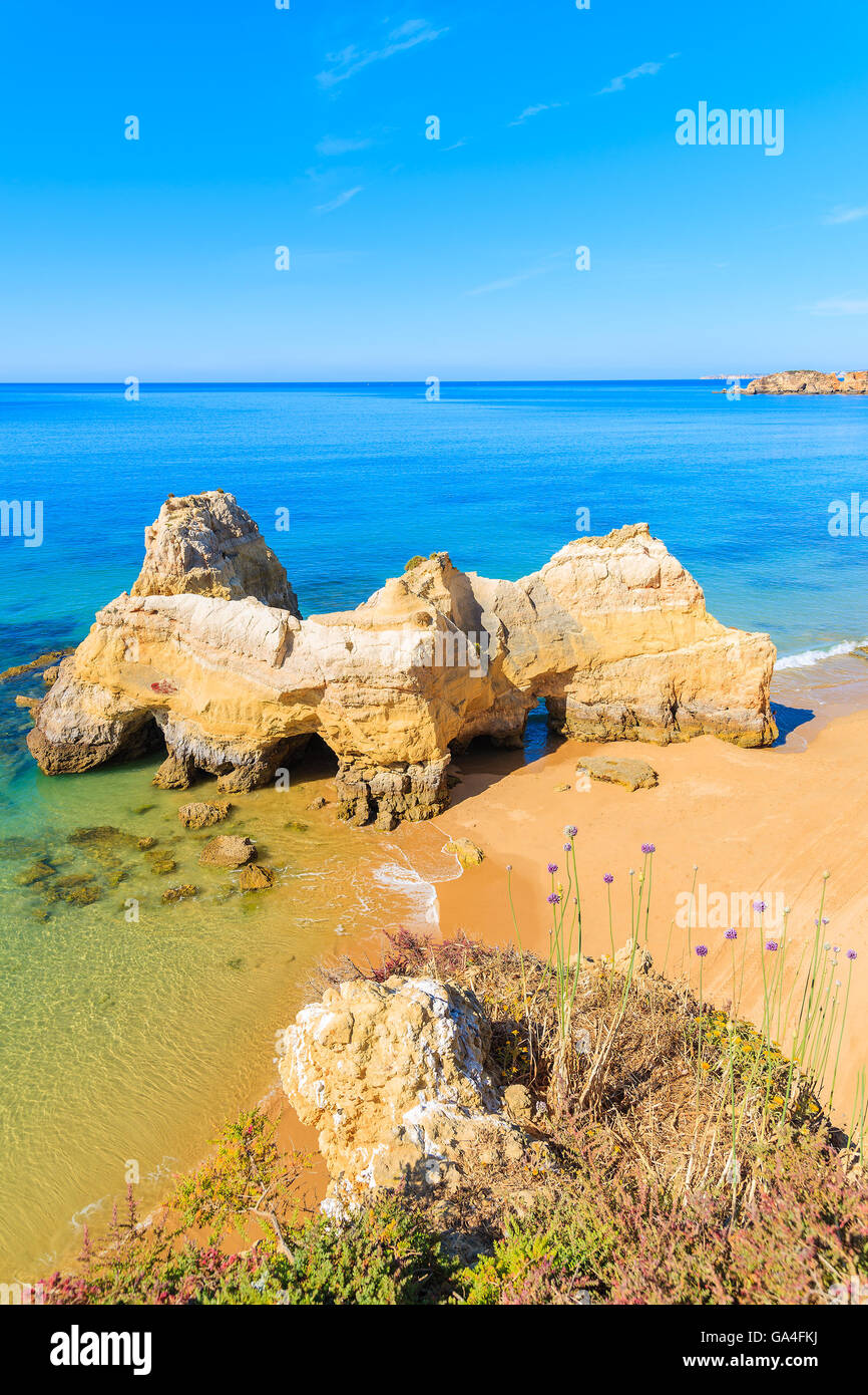 Felsen am Sandstrand von Praia da Rocha in Portimao und Blick auf Meer, Portugal Stockfoto