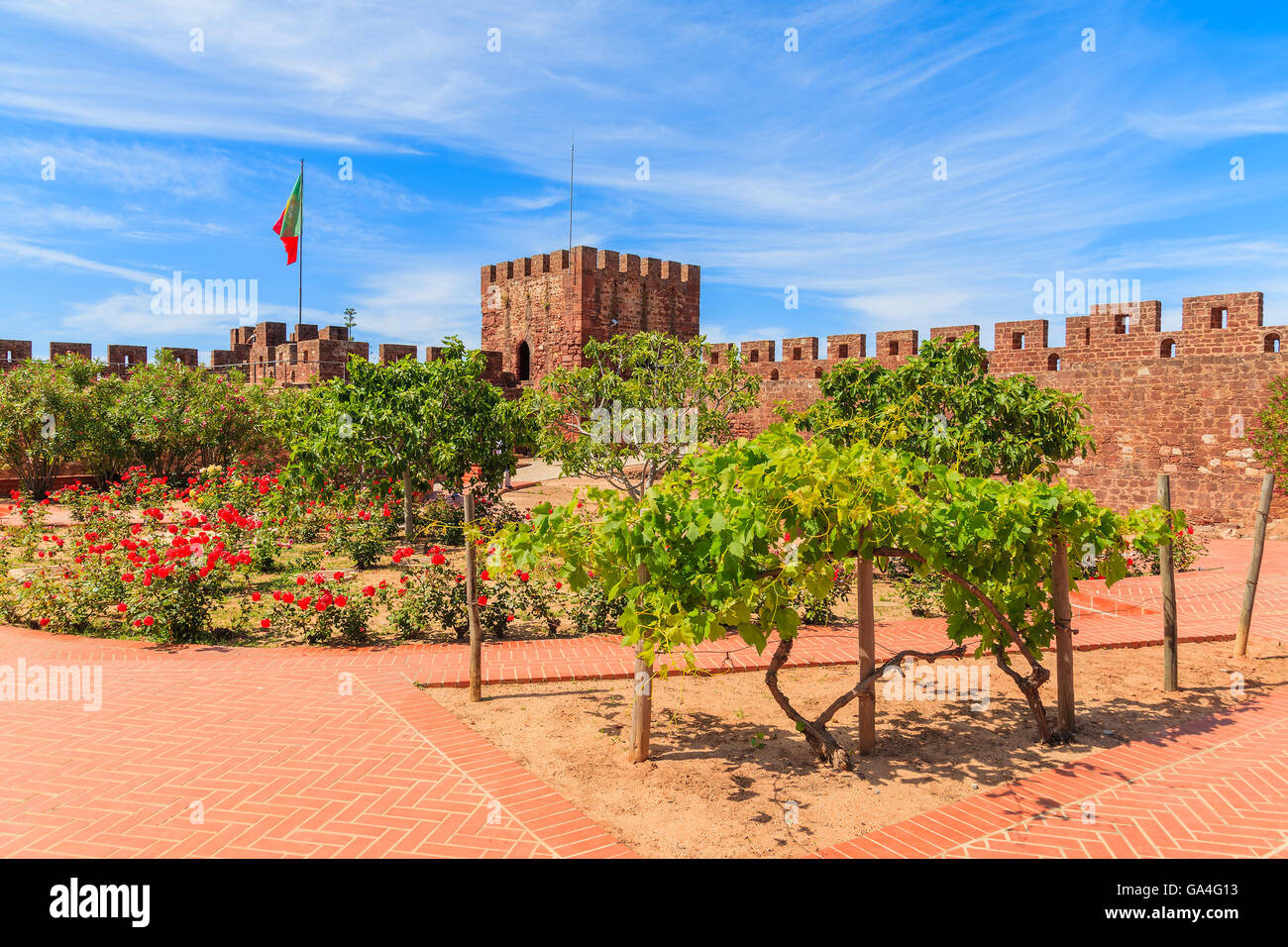 Weinrebe und Blumen auf dem Platz der mittelalterlichen Burg in der Stadt Silves, die Region Algarve, Portugal Stockfoto