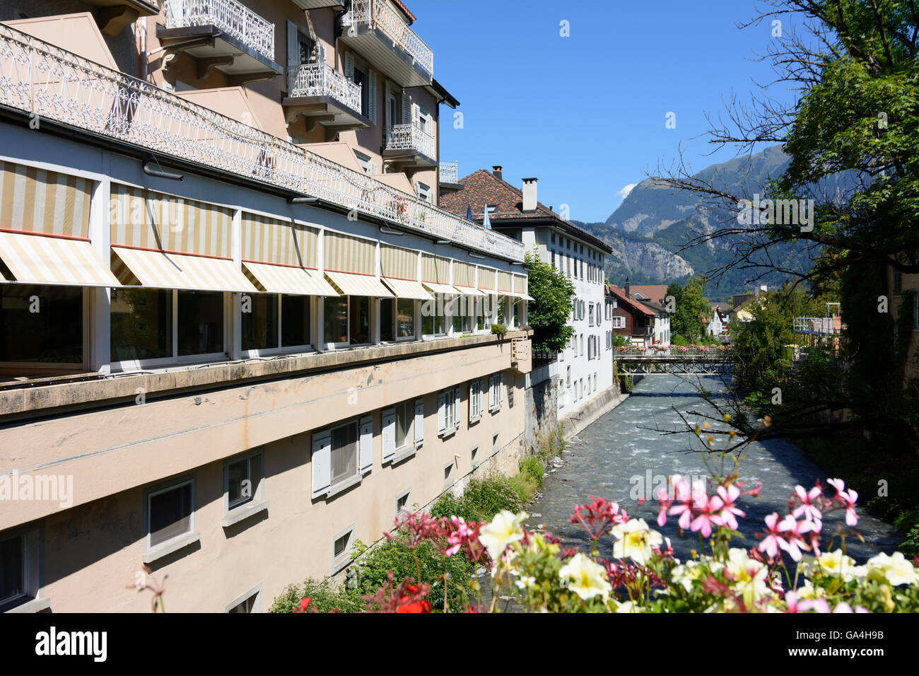 Bad Ragaz Stream Tamina, Hotels Schweiz St. Gallen-Sarganserland Stockfoto