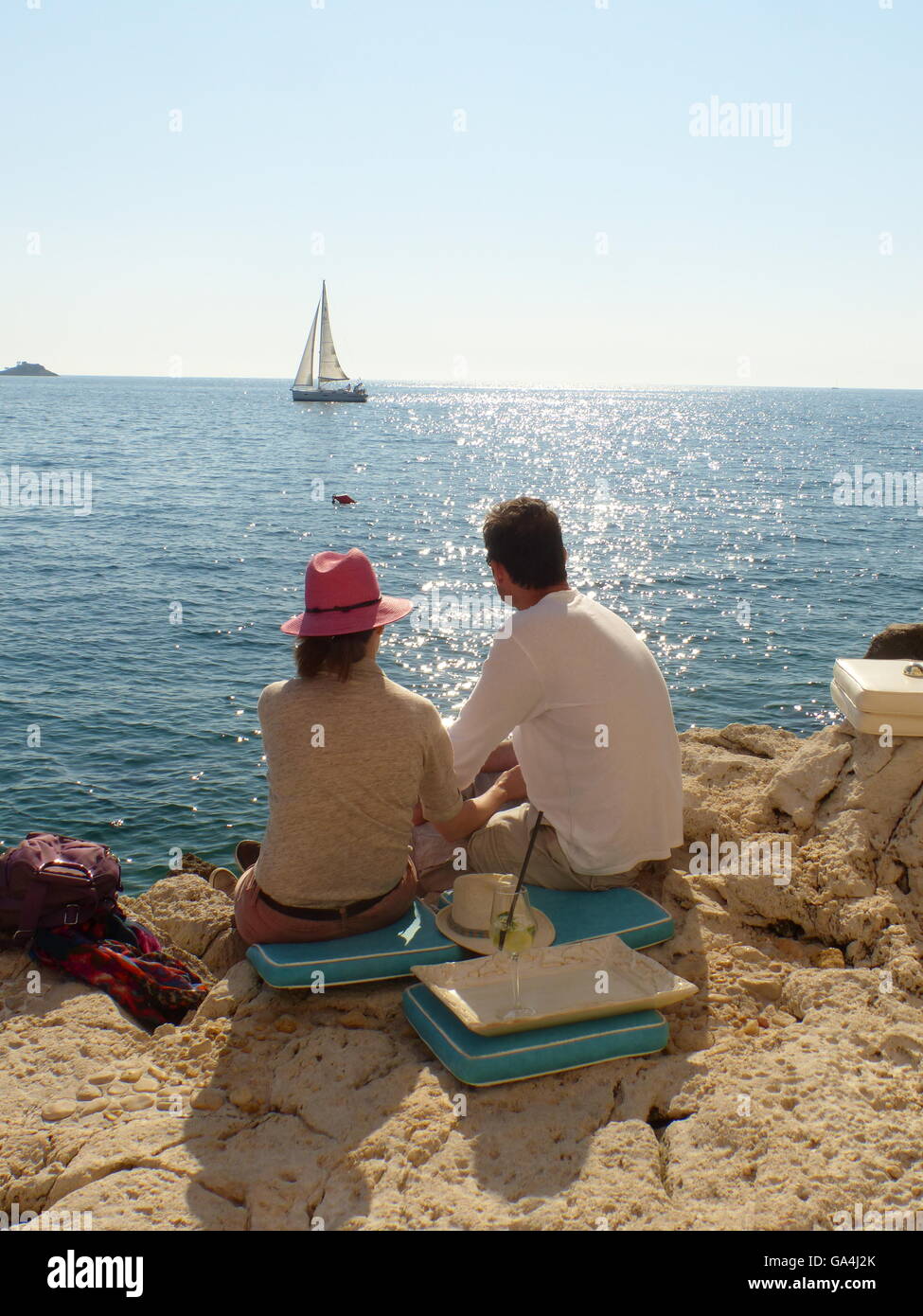 junges Paar, Romantik, Freizeit, Tagesausflügler, Natur, Wasser, Rovinj, Kroatien, Adria Stockfoto