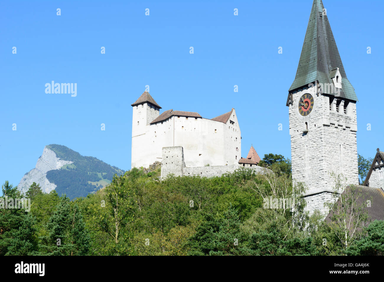 Balzers Burg Gutenberg, Kirche St. Nicholas Liechtenstein Stockfoto