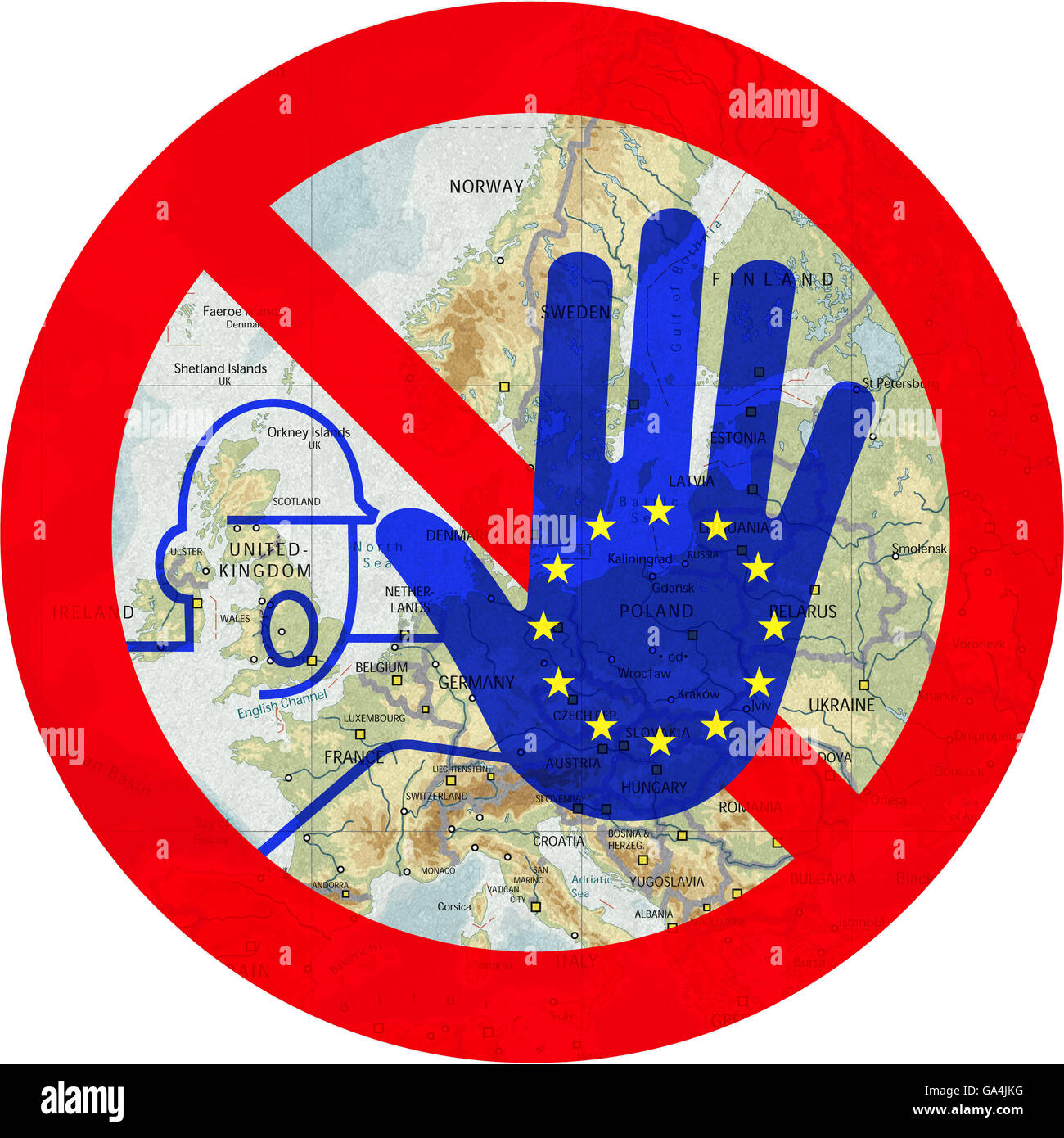Ablehnung der EU, Verbotsschilder, Warnung, Austritt aus der Europäischen Union Stockfoto