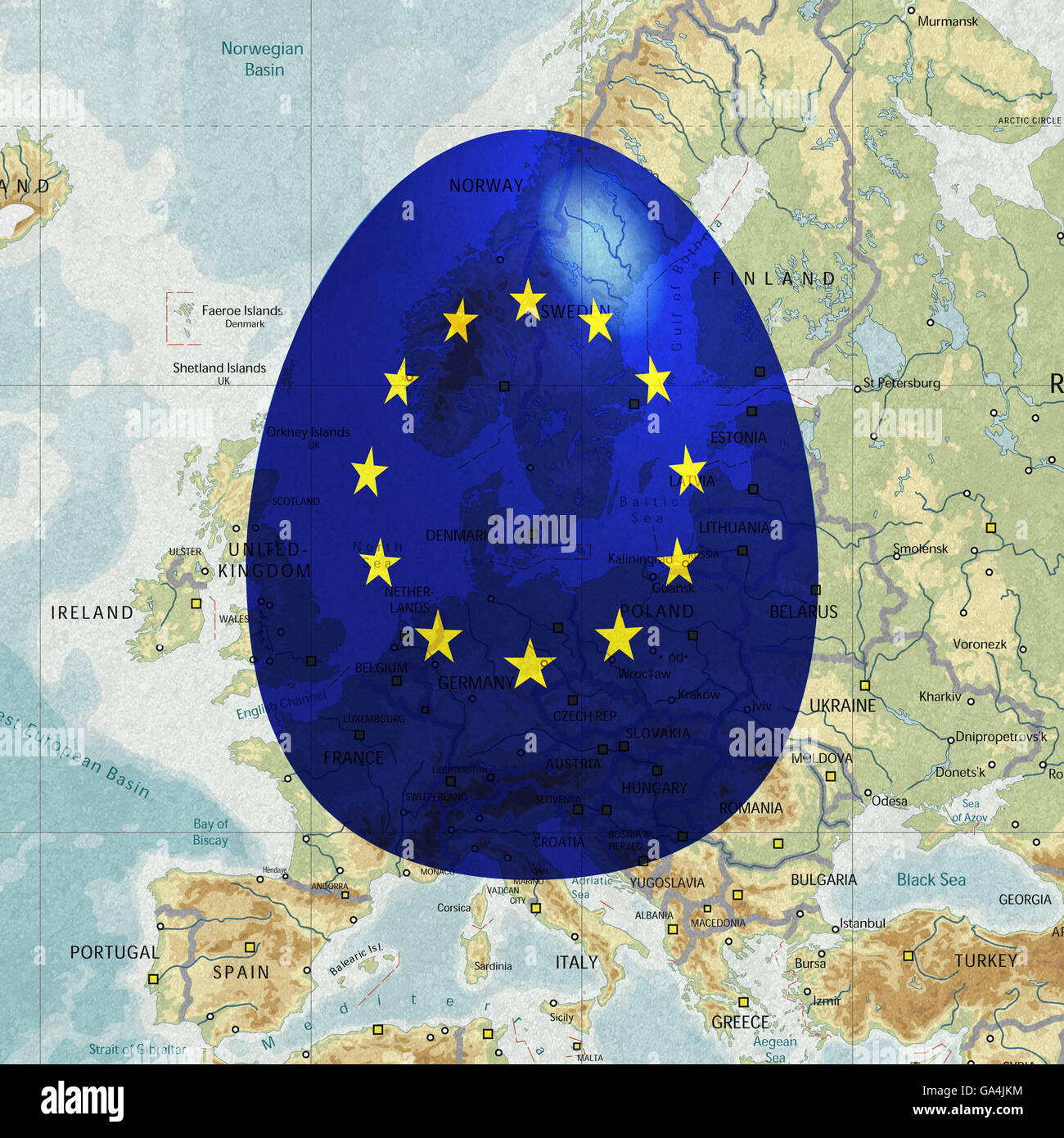Überraschung, EU, Europäische Union als ein Ei mit unbekanntem Inhalt Stockfoto