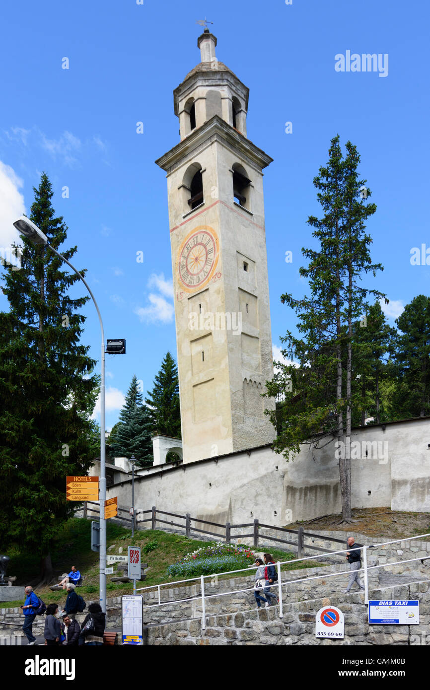 St. Moritz (San Murezzan, San Maurizio) schiefe Turm, ein Überbleibsel aus der abgerissenen Mauritius Kirche Schweiz Graubünden, Gr Stockfoto