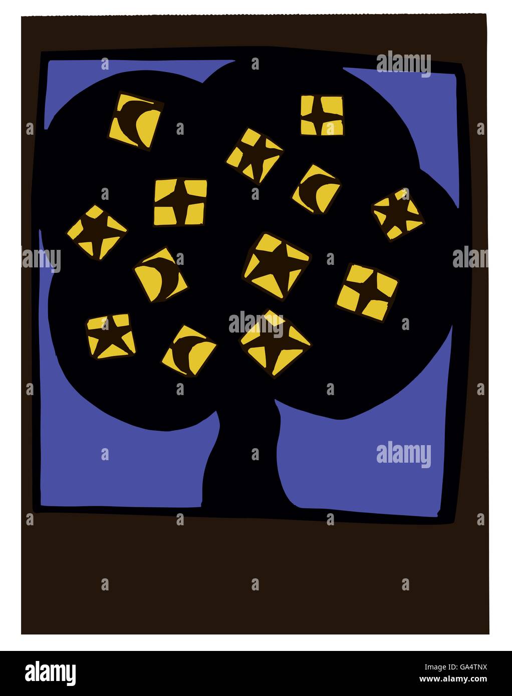 Scherenschnitt Kunst eines Baumes mit Monden und Sternen als Früchte. Stock Vektor