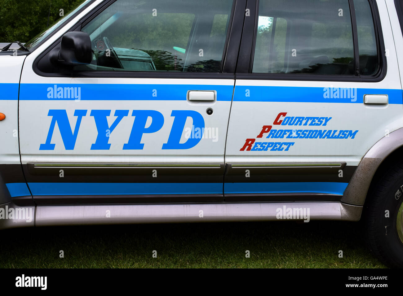 Seitentür des NYPD Auto Stockfoto