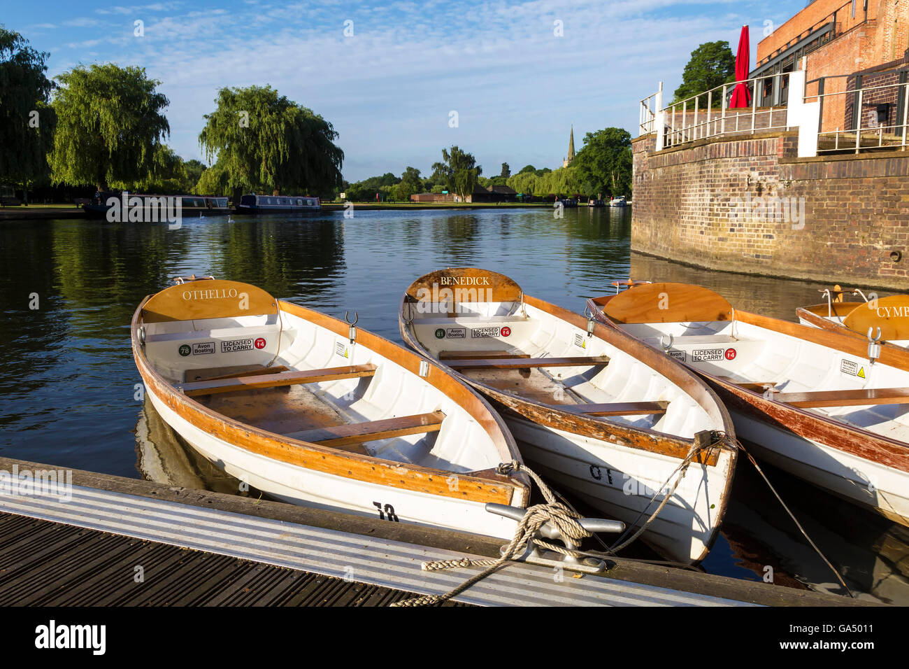 Boote auf dem Fluss Avon, Stratford-upon-Avon zu mieten. Stockfoto