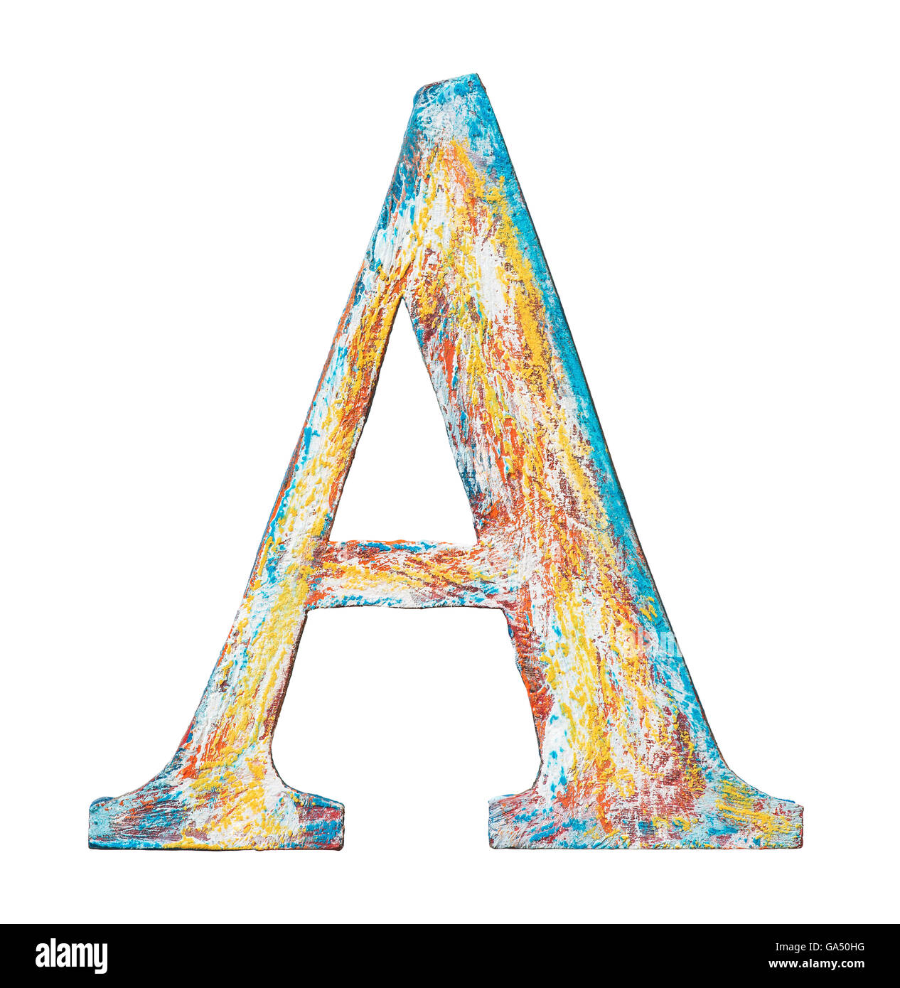Bunte Grunge handgemachte Alphabet Buchstaben A. aus Holz mit Farbe bedeckt. Stockfoto