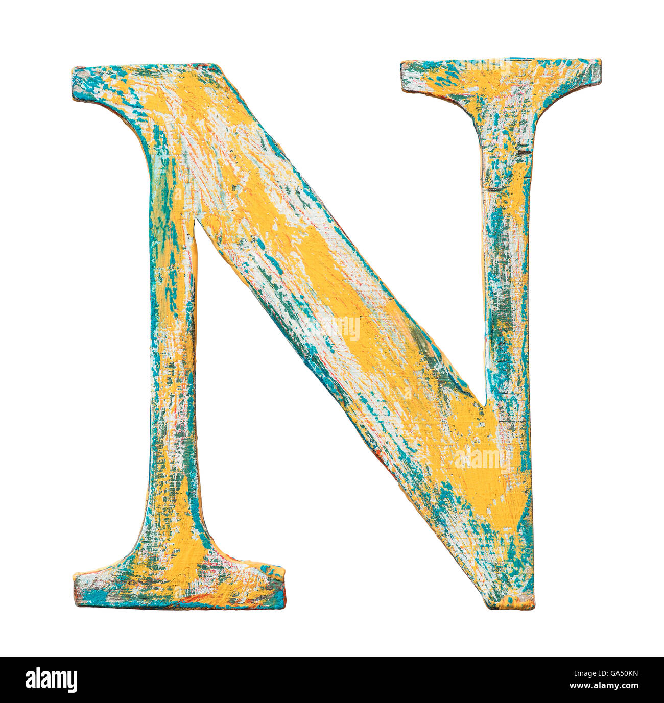 Bunte Grunge handgemachte Alphabet schreiben. Hergestellt aus Holz mit Farbe bedeckt. Stockfoto