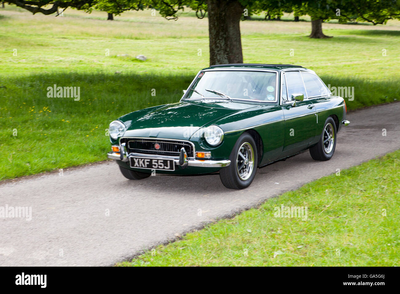 1971 MG B GT bei Leighton Hall Classic Car Rally, Carnforth, Lancashire, Großbritannien. Juli 2016. Die jährliche Oldtimer-Rallye findet in der prächtigen Leighton Hall in Carnforth in Lancashire statt. Britische Oldtimer-MG's. Die Zuschauerveranstaltung zog Tausende Besucher in diesen landschaftlich reizvollen Teil des Landes an der Nordwestküste Englands. Credit: Cernan Elias/Alamy Live News Stockfoto