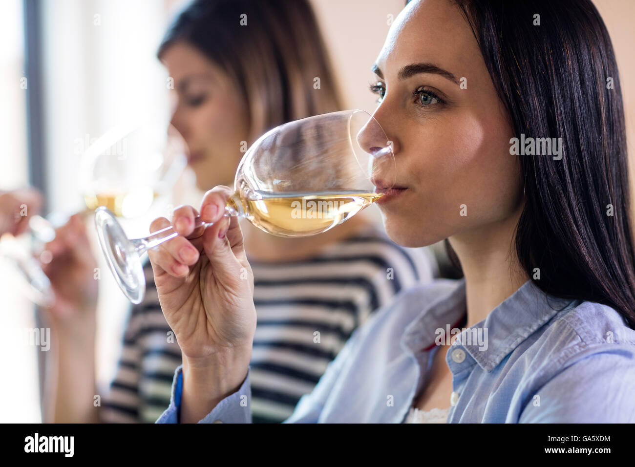 Junge Frau trinkt Wein mit Freunden Stockfoto