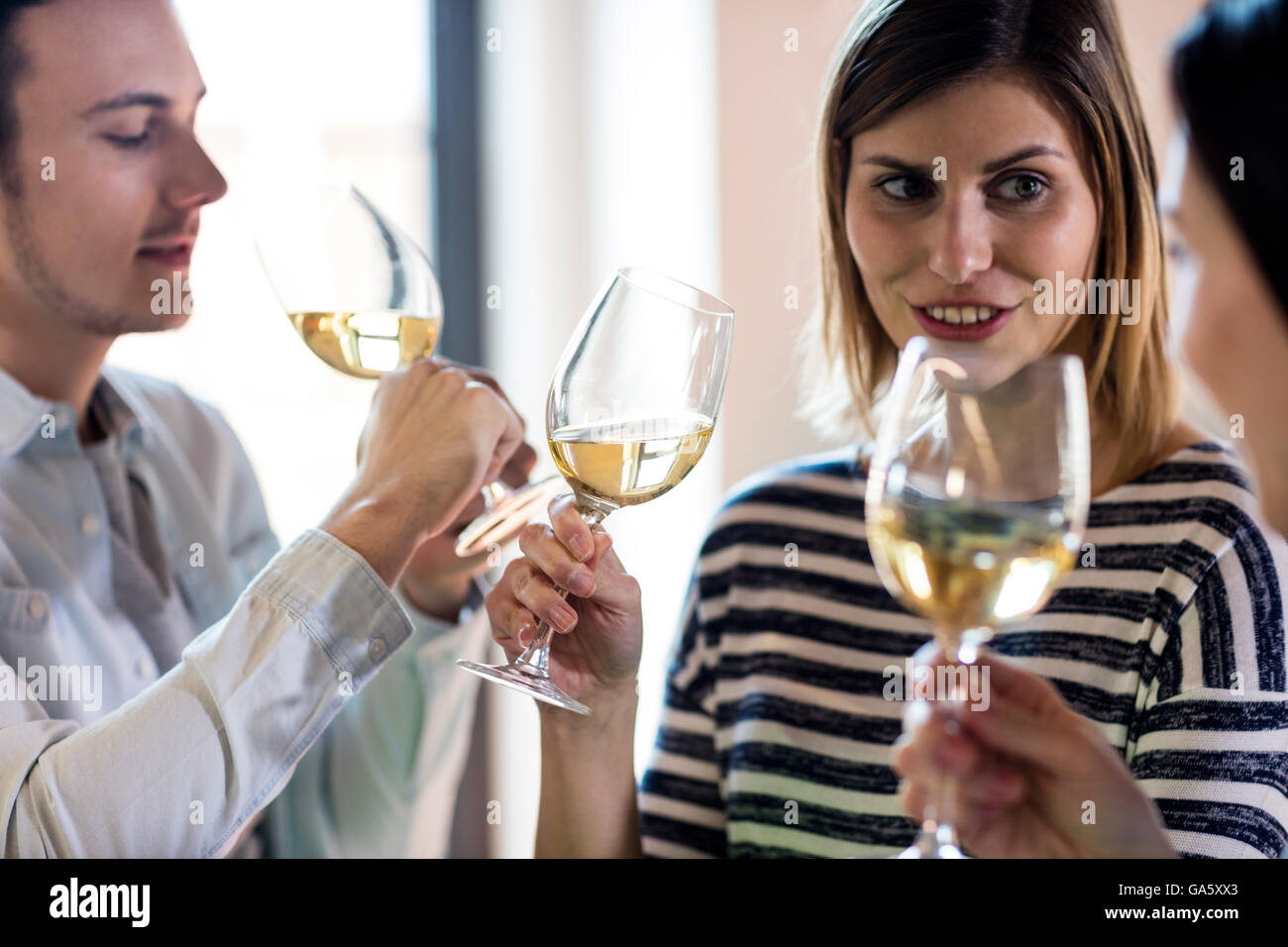 Junge Freunde trinken Wein Stockfoto