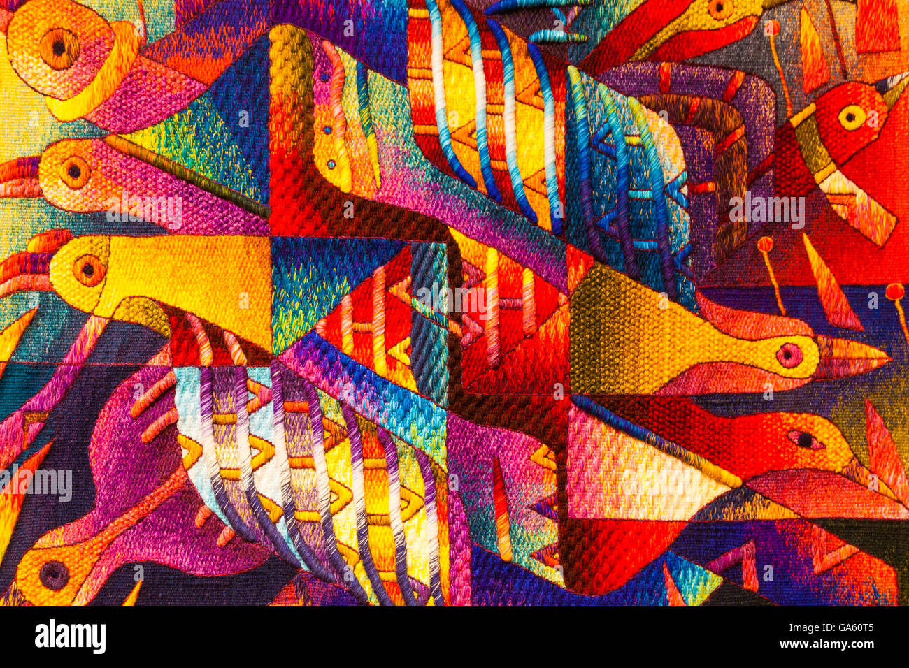 Handgewebte Panel auf dem Display in Cusco mit peruanischen Kunstformen in ihre reiche Geschichte Stockfoto