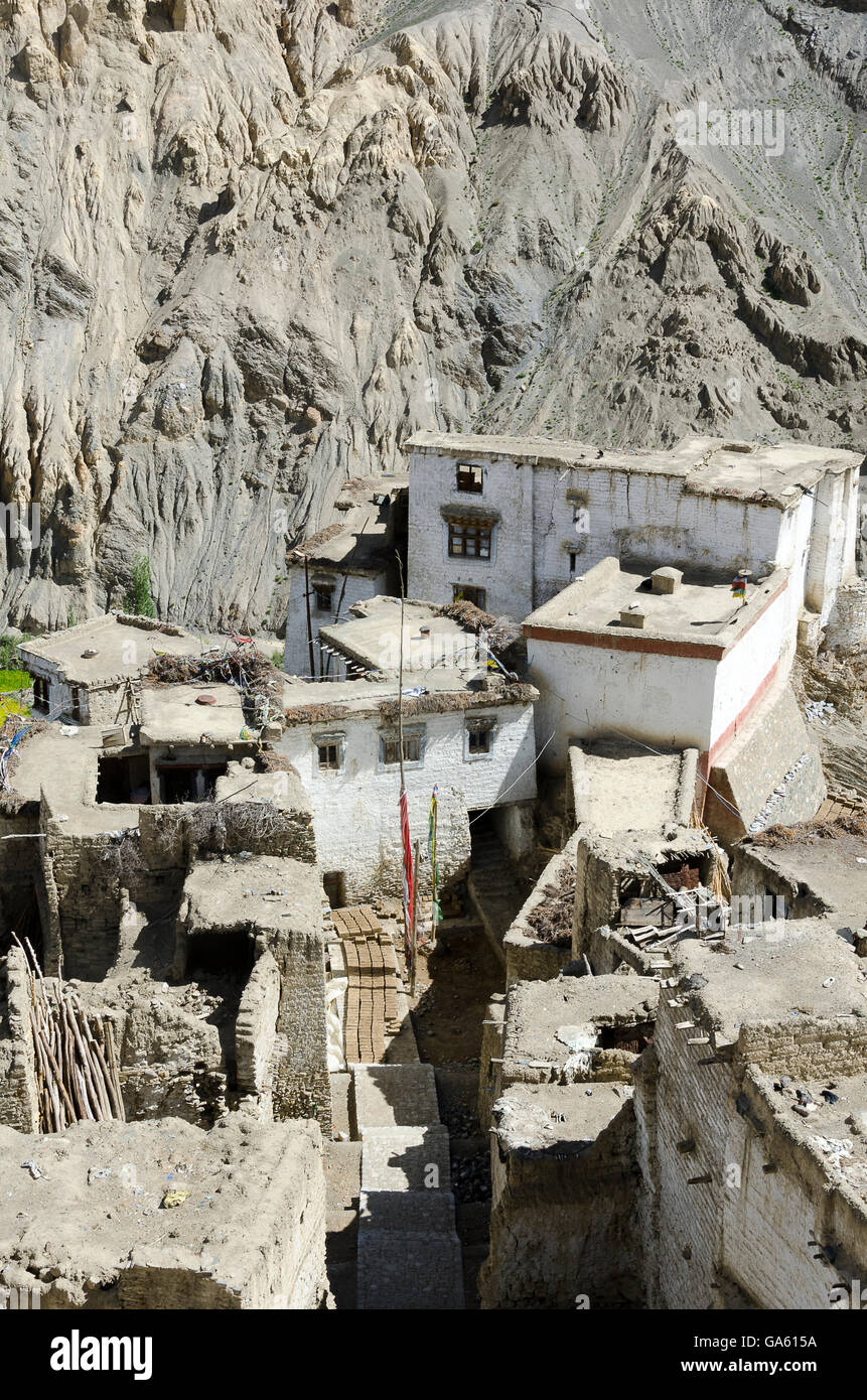 Häuser auf Hügel im Dorf, Gästehaus, in der Nähe von Leh, Leh, Srinagar Straße, Ladakh, Jammu und Kaschmir, Indien Stockfoto