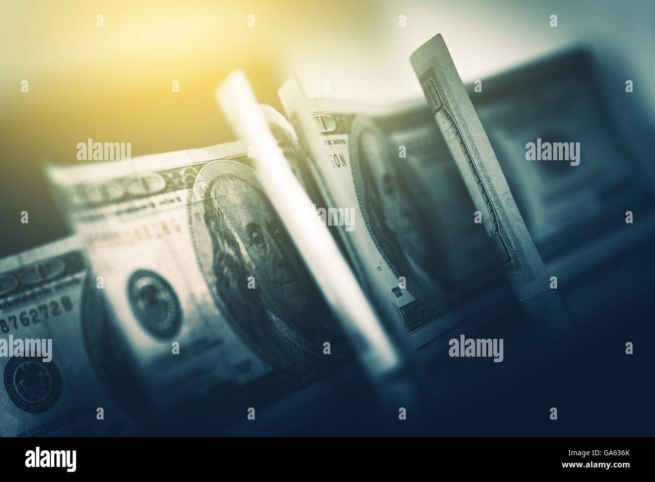 USD amerikanische Dollar im Fokus. 100 US-Dollar Banknoten Closeup Foto. Stockfoto