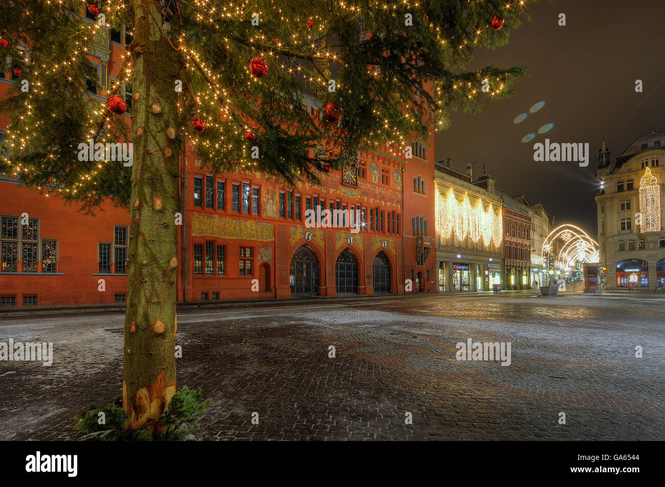 X-mas, Eindruck, Basel, Winter, Rathaus, x-mas Tree Stockfoto