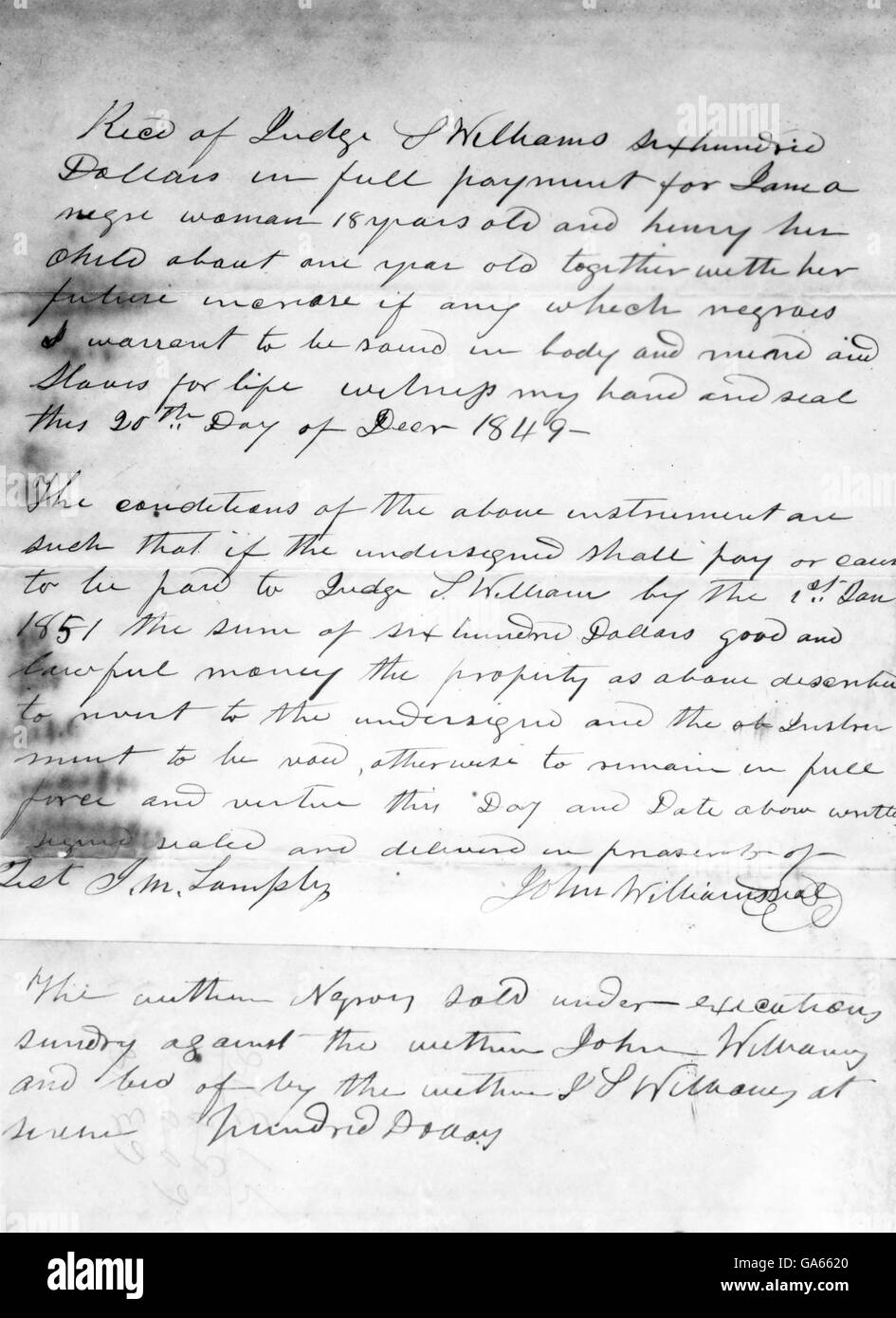 Sklaverei in den USA. Quittung für Verkauf von Jane, Alter von 18 Jahren und ihr Sohn, Henry, Alter 1 und alle zukünftigen Kinder, 20. Dezember 1849. Stockfoto