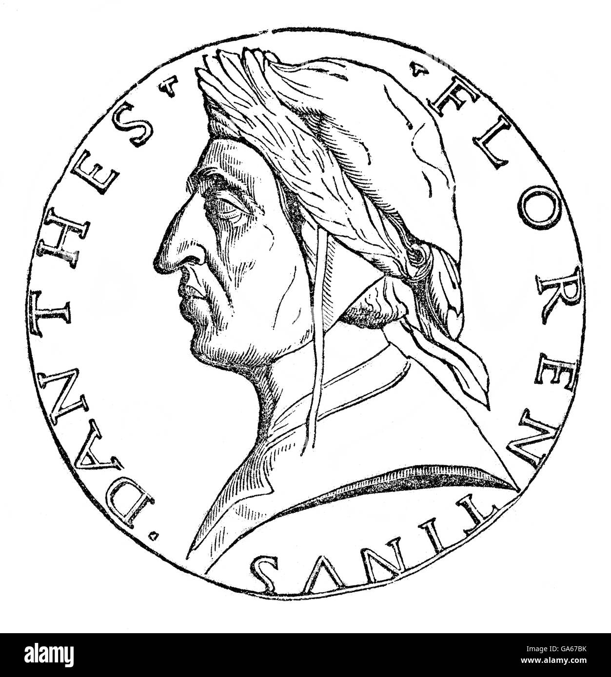 Ein Florentiner Gulden mit dem Porträt von Dante Alighieri, 1265-1321, ein italienischer Dichter und Philosoph Stockfoto