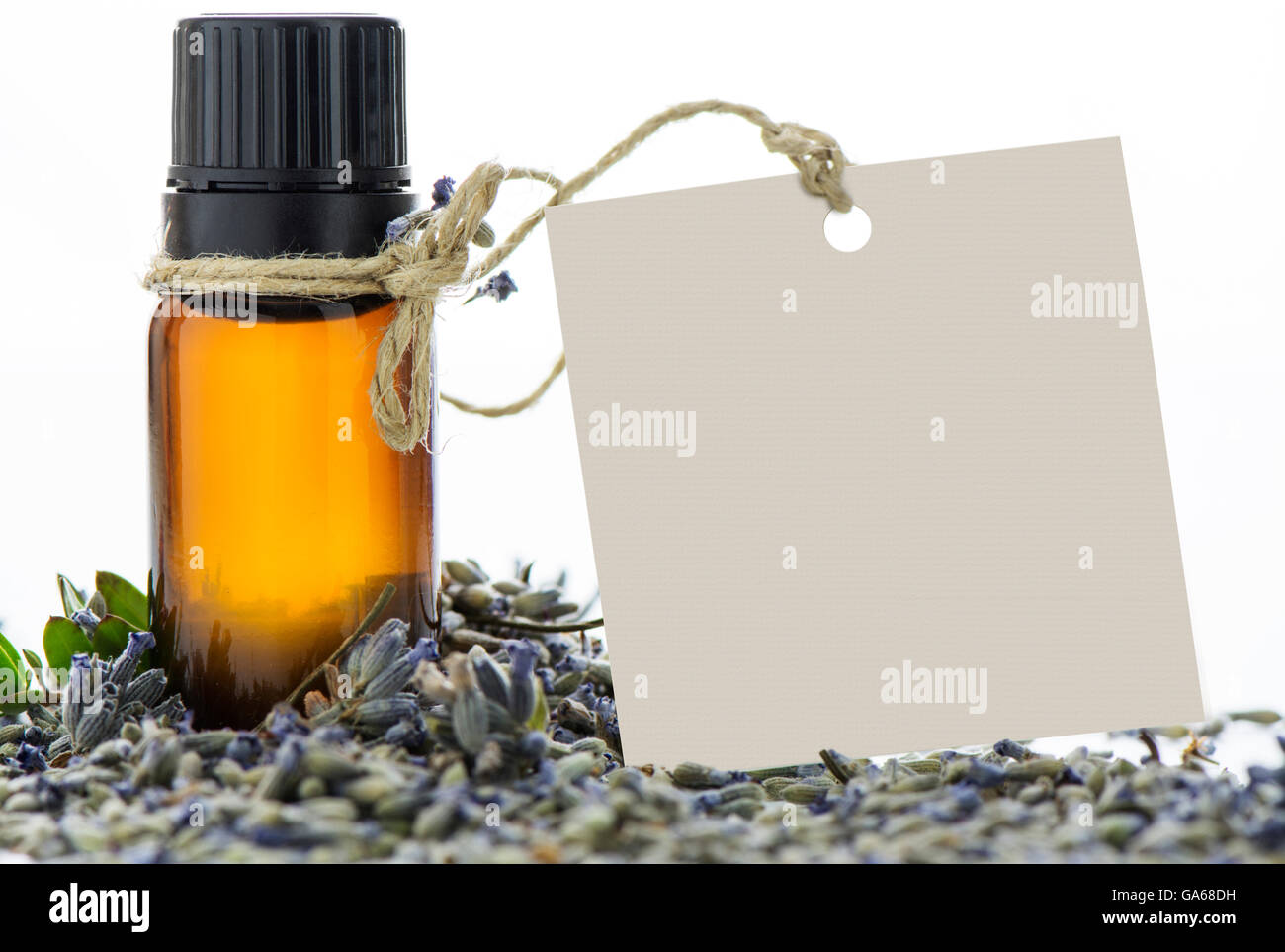 Ätherisches Öl, leere Tag und Lavendel Blumen auf isolierte Hintergrund Stockfoto