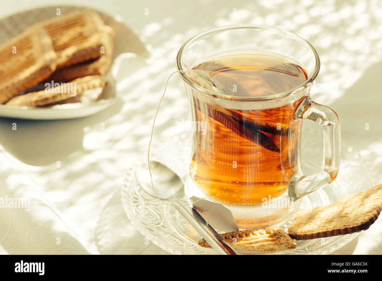 gesunde Tasse heißen Tee am Frühstückstisch mit Morgensonne Stockfoto