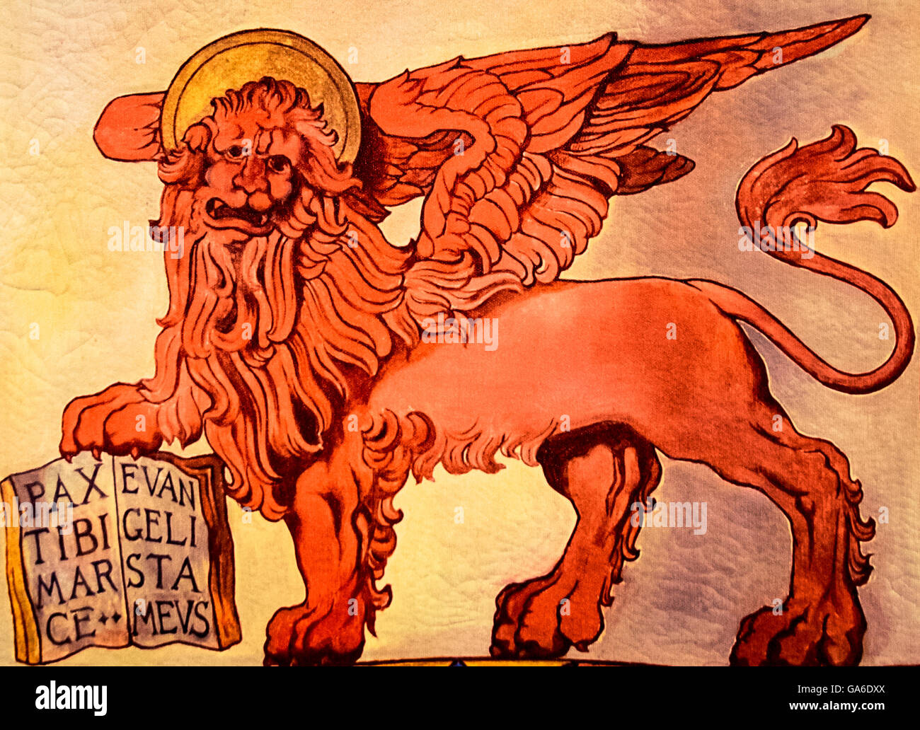 Banner, darstellt die geflügelten Löwen der Republik San Marco, Venedig, Italien. Stockfoto