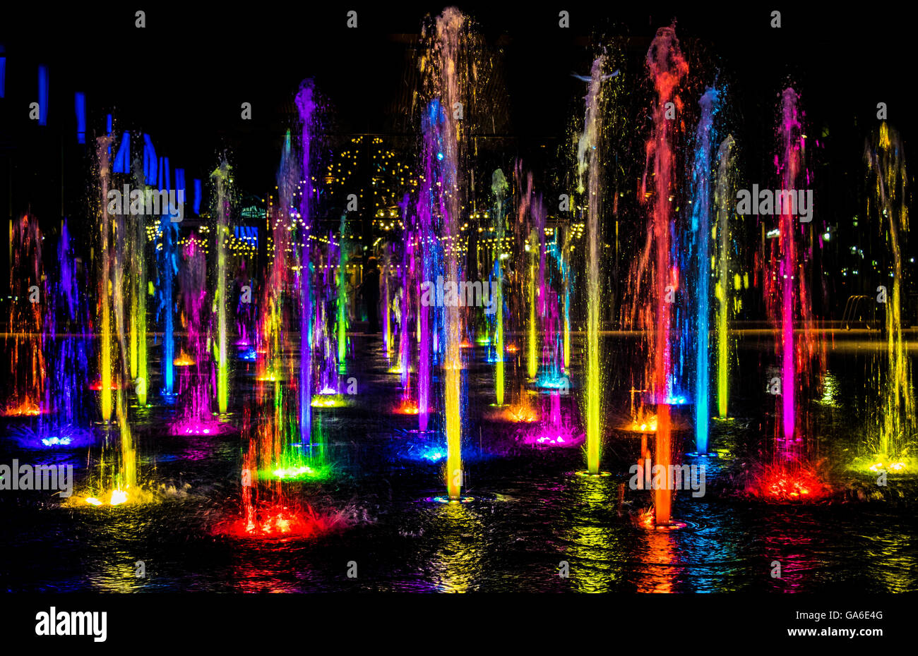 Cincinnati Ohio Washington Park Brunnen beleuchtet und Nacht Stockfoto
